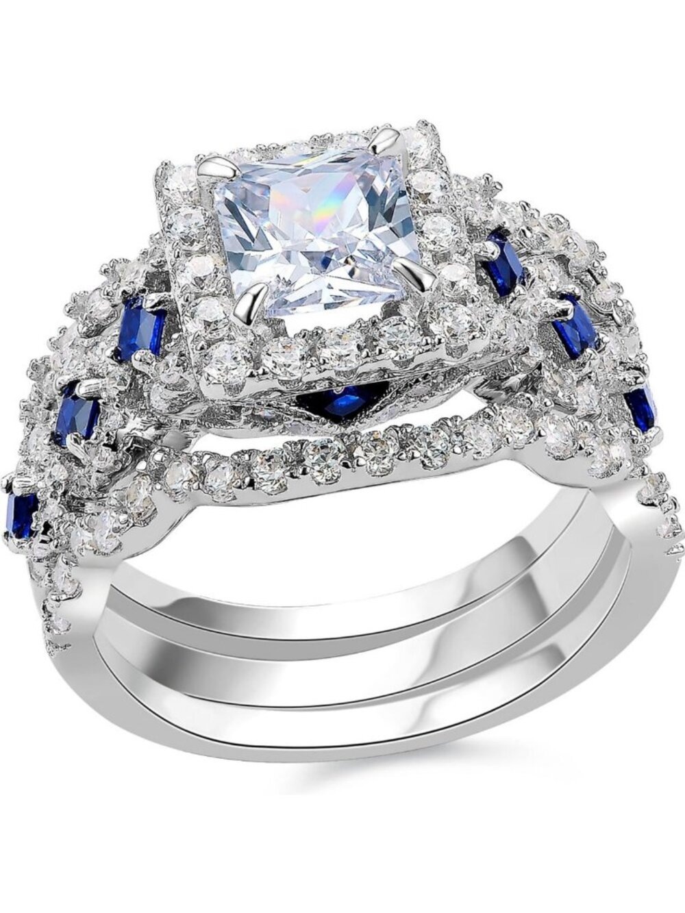 Elegant Princess Wedding Ring Set - 3PCS Blue Sapphire & Silver Jewelry